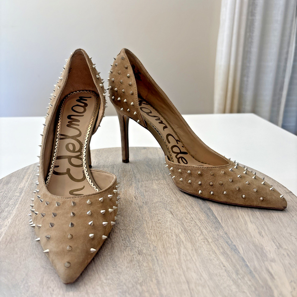 Sam Edelman Hadlee Studded Pumps Size 11 Taupe Suede Dorsay Heels Silver Studs